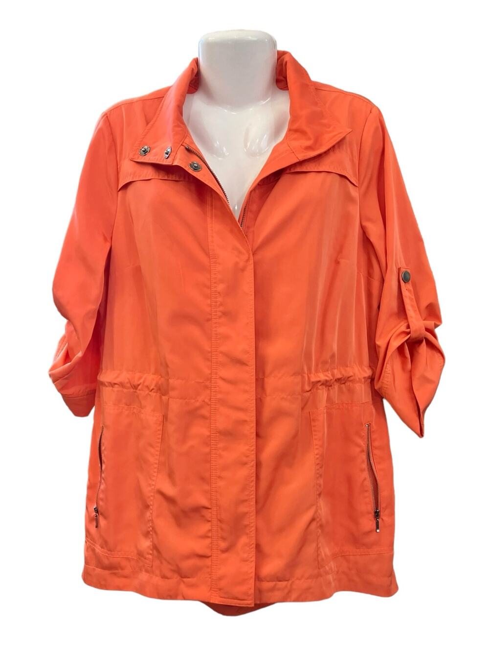 Tribal Women's Orange Jacket w/ Full Zip & Snap Mesh Pink Lining Roll Slv SZ 12